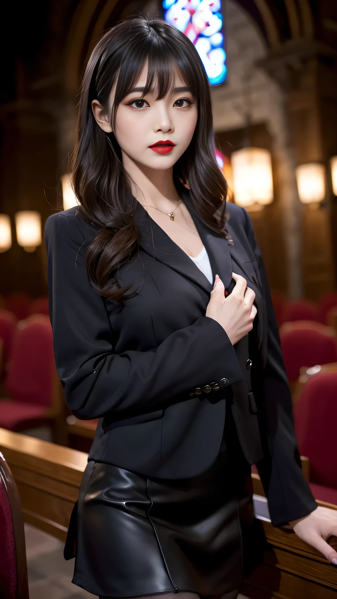 tra-detailed、Japanese、attractive beauty、seductive adult woman、pretty woman、piercing eyes、cool girl、wavy hair、swept bangs、suit、Jacket、blouse、ribbon、Tight Skirt、fishnet pantyhose、Glossy legs、Evil cadres、evil depravity、brainwash、mind control、lipstick、lip gloss、dark makeup、smirk、Evil expression、evil、hollow eyes,half-closed eyes、empty eyes、evil、night room、church at night、vampire、succubus、vampire、Swear allegiance、stand、