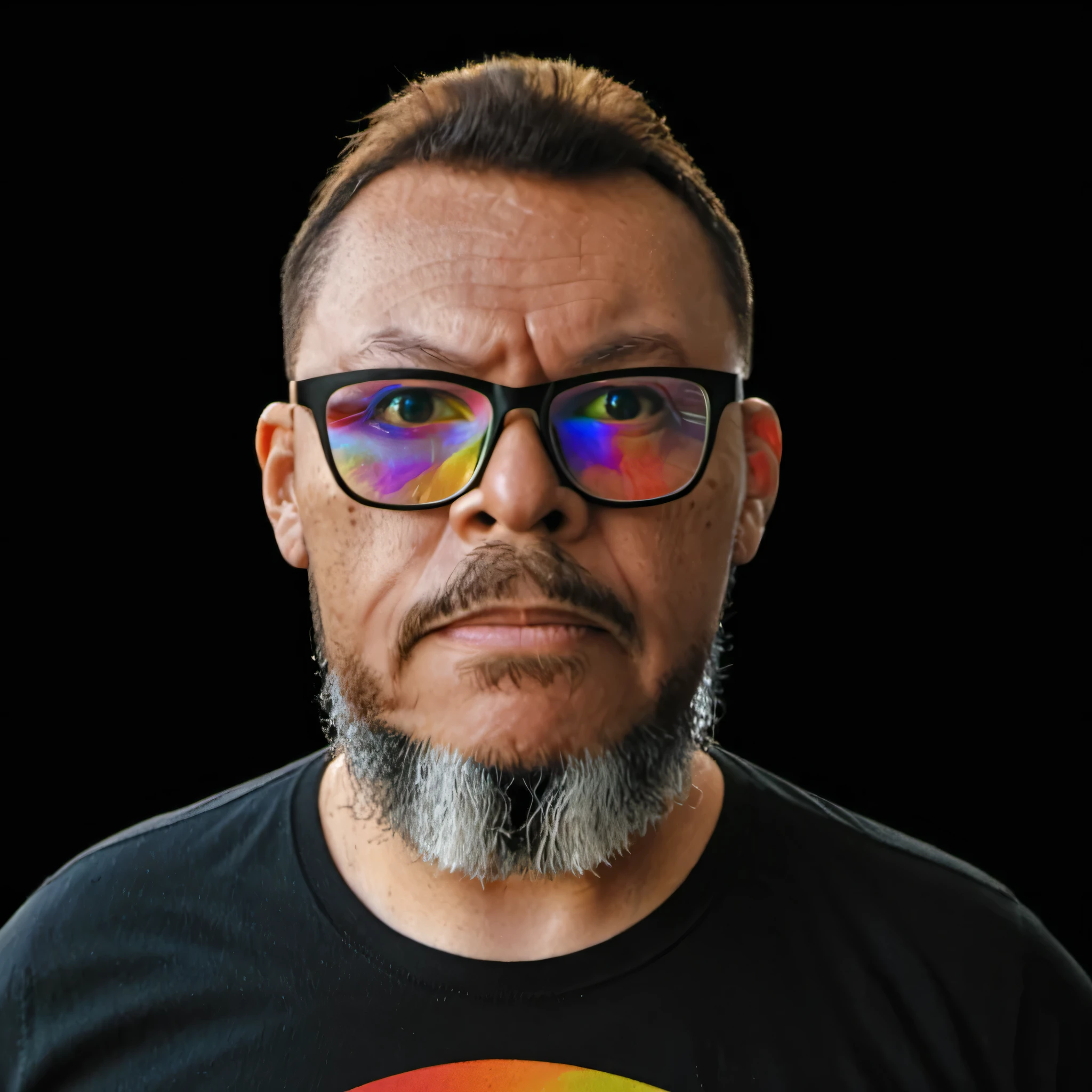 gutto2024abr, Frontal portrait from the chest up of a man with glasses and an unshaven beard, black t-shirt with rainbow-colored stripes, professionally photographed, deep black background, ultra details and ultra realism.