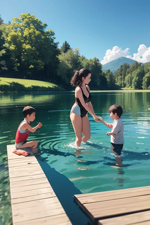 a family and a 4 year old swimming in a lake