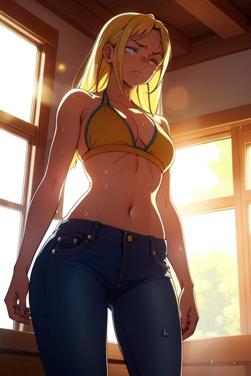 Tanned-skinned anime girl, wearing a bikini top and jeans, lies down with a pained expression on her face, her stomach twisted in discomfort. Her lean body appears starved, the jeans hanging loosely on her hips. Sweat beads on her brow, and her eyes are closed in anguish. Detailed shadows cast on her body from the sunlight filtering through the room, highlighting the creases in her jeans and the curve of her hips. Her skin, glowing with a golden hue, is covered in goosebumps. The room around her is dimly lit, the only light coming from the sunbeams that slip in through the open window. The scene