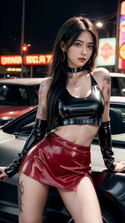 in the background, Shows a city full of neon decorations and holograms.., Create a unique atmosphere for the cyberpunk world..,wear' High-tech elements such as flying drones., Flying Car, or beautiful skyscrapers, (hologram tattoo), (beautiful tattoo), This woman holds the weapon of the future.., ((Short black leather jacket with open chest)., (bare chest), Open shoulder shirt, Beautiful legs),He wore red high-heeled combat boots.)), (Luxurious shiny latex:1.4)、(Red low-waisted short skirt:1.4)、20 years old、(Cute tattoos,upper arm tattoo,Thigh tattoo,lower stomach tattoo:1.4)、Its body,Beautiful face、Look without fear、beautiful eyes、small waist、(Beautiful girl with long legs and style:1.4)、Beautiful feet、(long hair:1.2)、beautiful breasts、、choker:1.4、necklace:1.4、earring:1.4、Big breasted super mob, big breasts:1.3、sexy butt、(Stand facing the front.:1.4)、raw photos、red lips、She is shown to be a strong character with special skills in technology and combat... in addition, perfect body, Have a six pack, Details: Big hips, The legs are large with muscular grooves., muscular legs, The arms and hands had aneurysms.., The arms have beautiful muscular grooves., Beautiful night view of Cyberpunk city.:1.2, Pose in style, ((4 different angles)),(Open your legs to eye level.)、((Sit on the hood of a luxury car and open your legs.)) ,เพิ่มเครื่องประดับแนวไซเบอร์พังค์ เช่น hologram tattooหรือเครื่องประดับแห่งอนาคตเพื่อทำให้ลุคของเขาสมบูรณ์.,