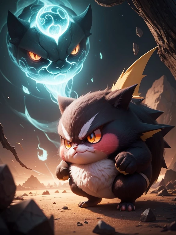 ilustacion realista de una Linda criatura de conejito, fantasy that looks like an angry Pokémon