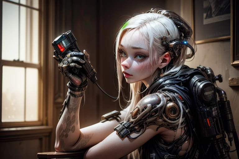 (BioPunk Girl:1.4), mullet hairstyle, (Translucent pale skin:1.4), No humans, Beautiful eyes with fine symmetry, punk light suit, (Intricate details:1.2), (Highly detailed face and eyes:1.2), No makeup, (dark circles:1.1), midnight aura, Creation of fantasy, Thrilling color schemes, posing sitting for a photo, side view, (Delicate images), (Raw photo: 1.2), (Photorealistic: 1.6), (Highly detailed), (high resolution), (Best quality), (masterpiece)
