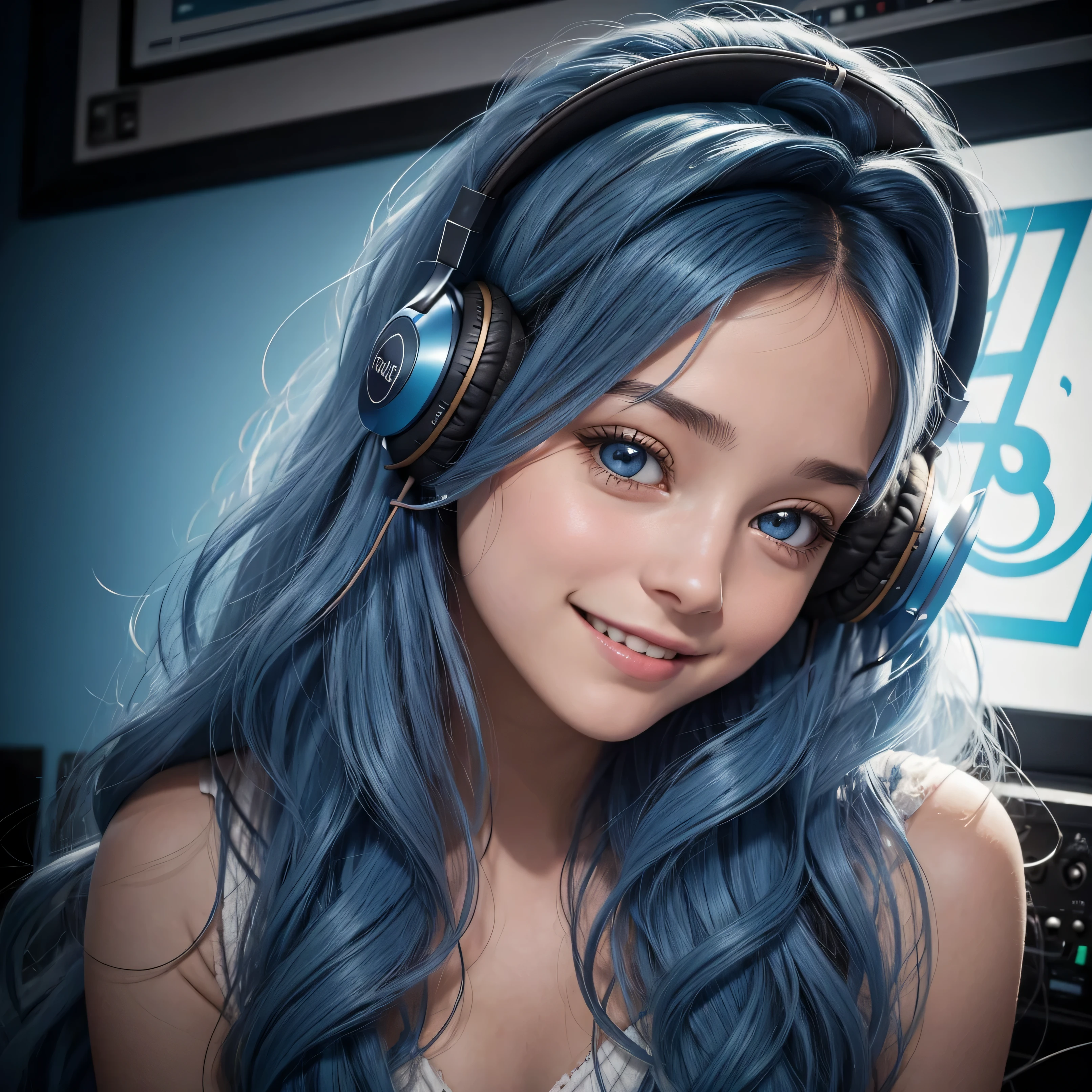 une jeune femme dans la vingtaine, with long wavy blue hair of a soft brown framing a delicate face. Ses grands yeux bleu. Her warm smile lights up her face and transmits positive energy. elle enregistre une nouvelle musique, she has headphones on her head and she is in a music studio.
