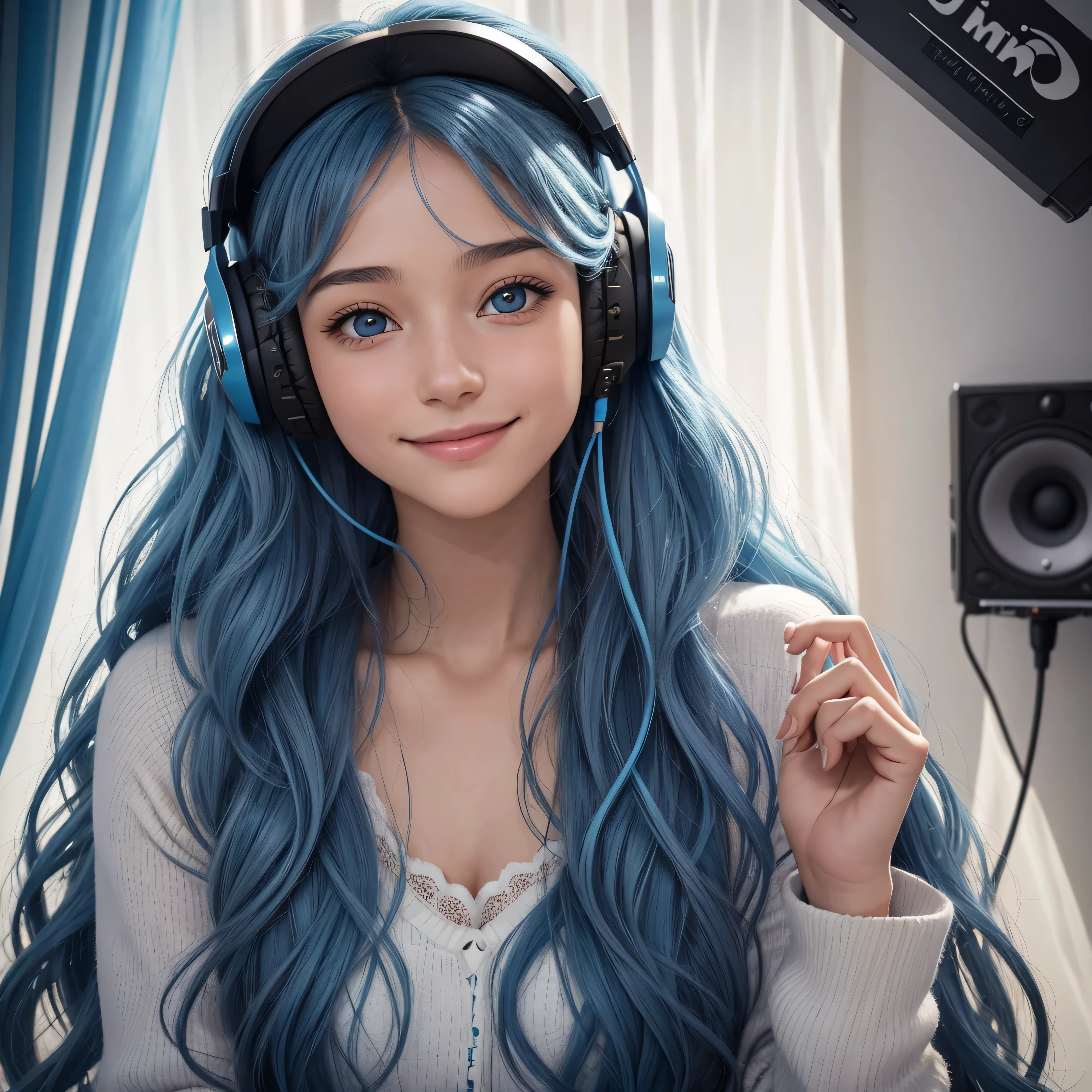 une jeune femme dans la vingtaine, with long wavy blue hair of a soft brown framing a delicate face. Ses grands yeux bleu. Her warm smile lights up her face and transmits positive energy. elle enregistre une nouvelle musique, she has headphones on her head and she is in a music studio.