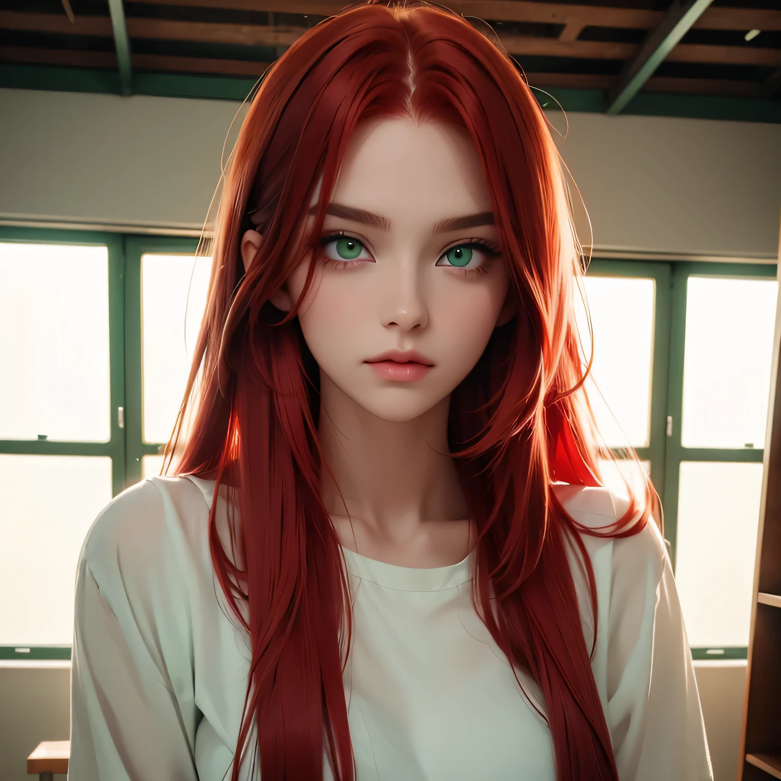 character, female, (()),realistic (reality))), ((((1girl)))),  (hair_red) long thick red hair put up in high twin tail, wearing big loose black shirt  ((black shirt has with cute red heart pattern))lingerie bikini, (( in bed.)) black silk sheets + pillow case [[ various pose]]   (split-color hair, hair color Red and black,)) long EYELASHES (((Split-colored eyes color  blue and green,)) hair censorship, ((add_detail:1)) soft and delicate depiction, ((beautiful delicate Russian woman)) (High Dynamic Range), Ray Tracing, NVIDIA RTX, Super-Resolution, Unreal 5, Subsurface Scattering, PBR Textures, Post-Processing, Anisotropic Filtering, Depth of Field, Maximum Sharpness and Clarity, Multi-layer Textures, Albedo and Highlight Maps, Surface Shading, Accurate simulation of light-material interactions, perfect proportions, Octane Render, two-color light, large aperture, low ISO,((MFBP1))((various pose and facial expression))