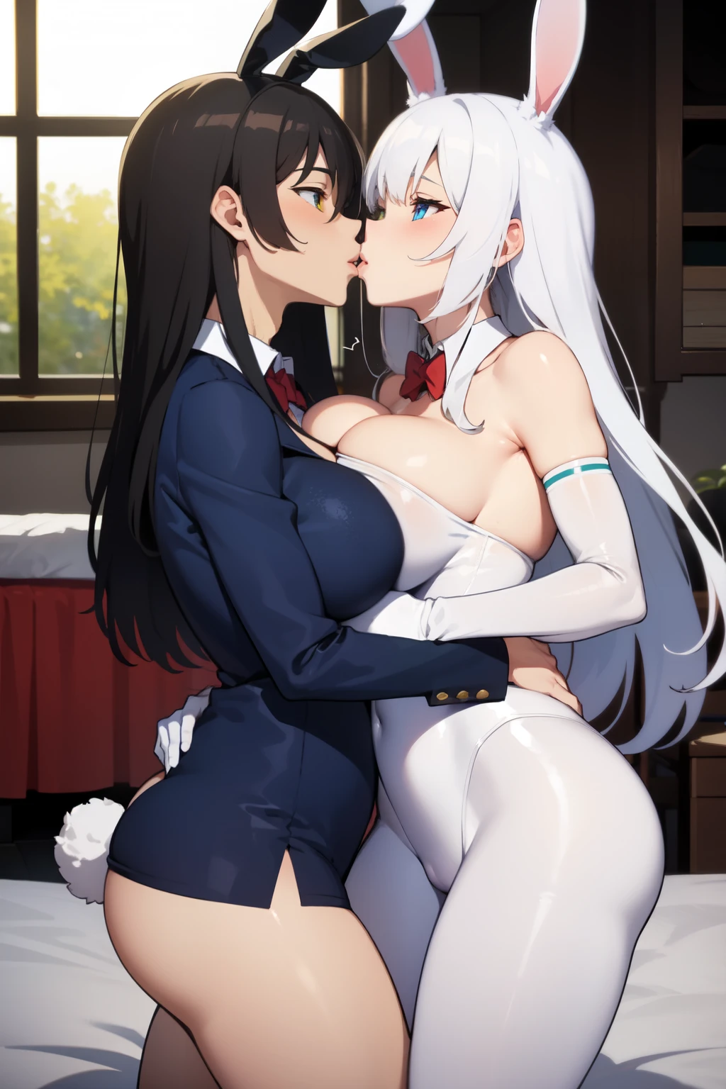 bed, long hair, heterochromia,bunny girl, bunnysuit, big breast, kissing a man