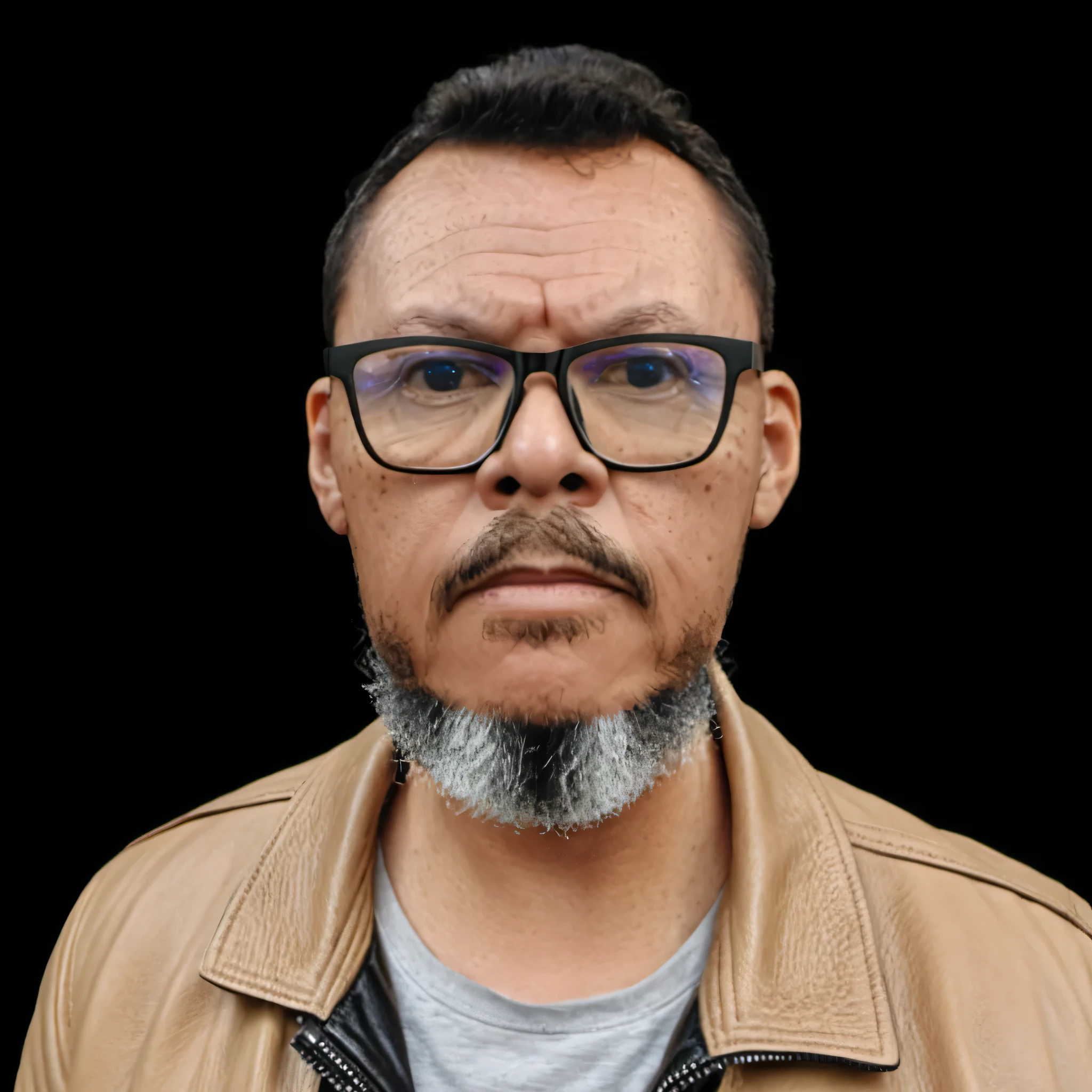 gutto2024abr, Frontal portrait from the chest up of a man with glasses and an unshaven beard,  raw beige leather jacket, white T-shirt without print, stiff countenance. professionally photographed, deep black background, ultra details and ultra realism.