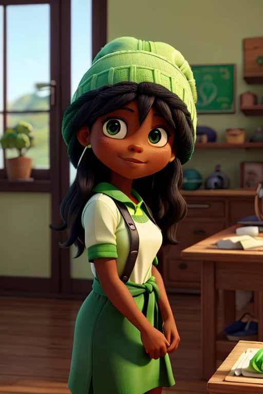 Mujer negra con gorro verde que se le tape todo e lcabello