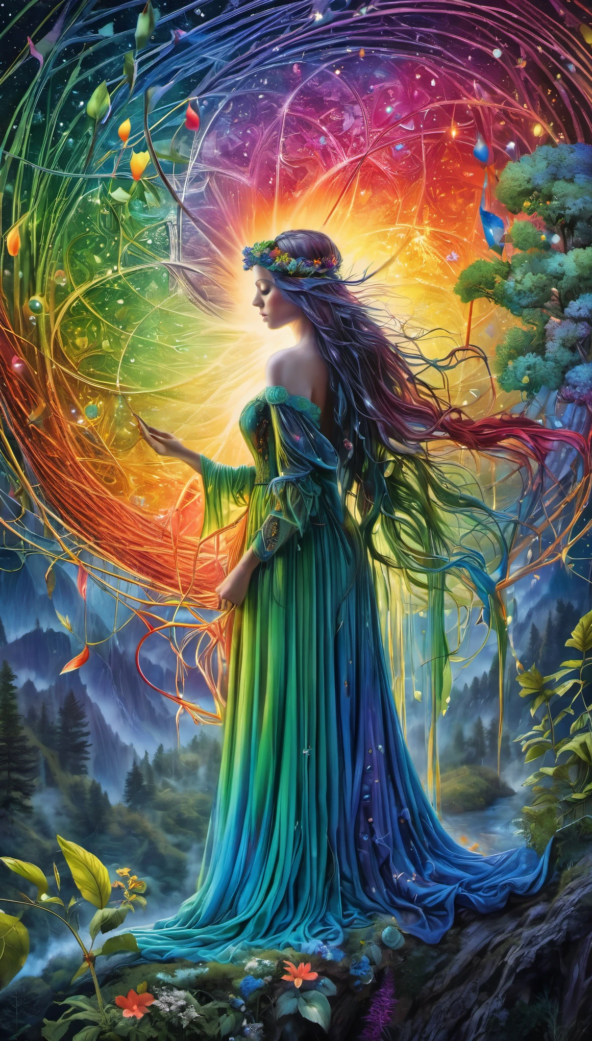 Meisterwerk, Best quality, ultra high resolution, extremely detailed, (psychedelische Kunst:1.4), Frau, veil, Optisch atemberaubend, Nice, award-winning illustration, kosmischer Weltraumhintergrund, ethereal atmosphere, Ultra quality, Nice girl, Kosmisches Konzept, Rainbow Strings, Regenbogenhaut, Regenbogenfarbene blutige Adern, die aus der Dunkelheit wachsen und sich verflechten, genagelter Draht, Aus ihm sickerte dickes blaues Blut, scharfes Neon, Adern wachsen und pumpen Blut, Vascular networks grow, Green veins everywhere, Yin und Yang, leuchtender Raum, leuchtende Sterne, Unendlichkeitssymbol