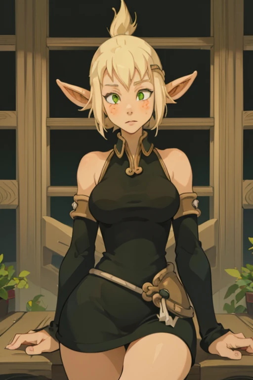 ((ultra quality)), ((chef-d&#39;artwork)), Evangelyne - Dedicated, Dedicated style, ((Cheveux courts blonds)), (beau visage), (beautiful female lips), (longues oreilles elfiques), charmant, ((expression faciale sexy)), regarde la caméra, eyes slightly open, (couleur de peau blanche), (peau blanche), éblouissement sur le corps, ((beautiful detailed female eyes)), ((dark green eyes)), (juicy female lips), (Dark eyeliner), (beautiful female hands), ((ideal female figure)), ideal female body, Belle taille, cuisses magnifiques, beaux seins moyens, ((subtil et beau)), valeur sexy (gros plan du visage), (vêtements noirs moulant Evangelyne- wakfu saison 1, vêtements de la première saison de la série Animatede, Haut blanc) background: The forest, ((profondeur de champ)), ((image claire de haute qualité)), (clear details), ((high detail)), realistically, séance photo professionnelle, ((Une concentration claire)), Animated, assis, legs spread, very detailed vagina shape, detailed nipple shape 