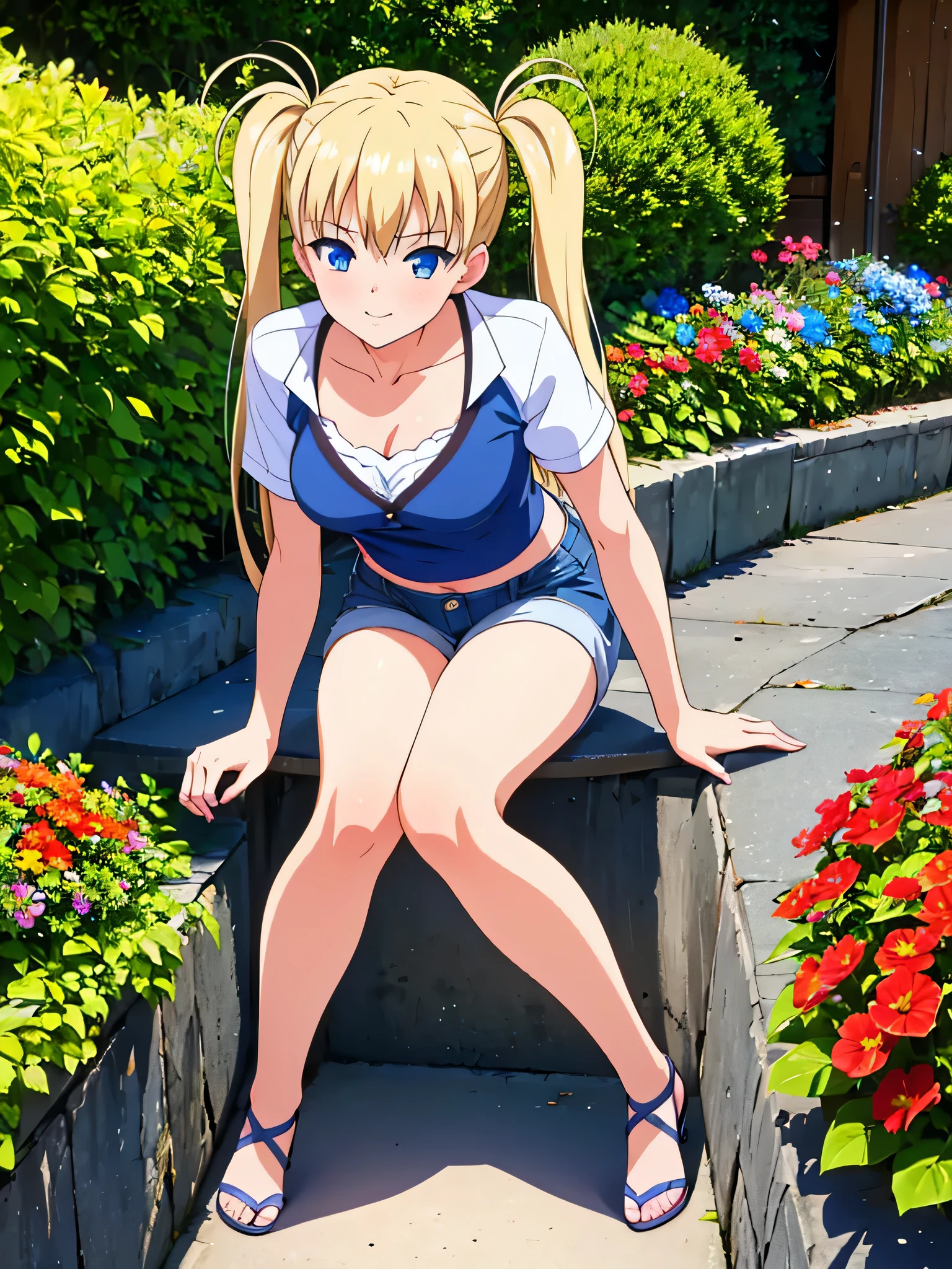 Masterpiece, award wining, high quality, beautiful poses, 1girl, twintail blonde hair, vibrant blue eyes, shorts blue jeans, white top with red flowers, medium breasts, (bend over), beautiful face, perfect legs, perfect hand, five fingers, light smile, looking at the camera 