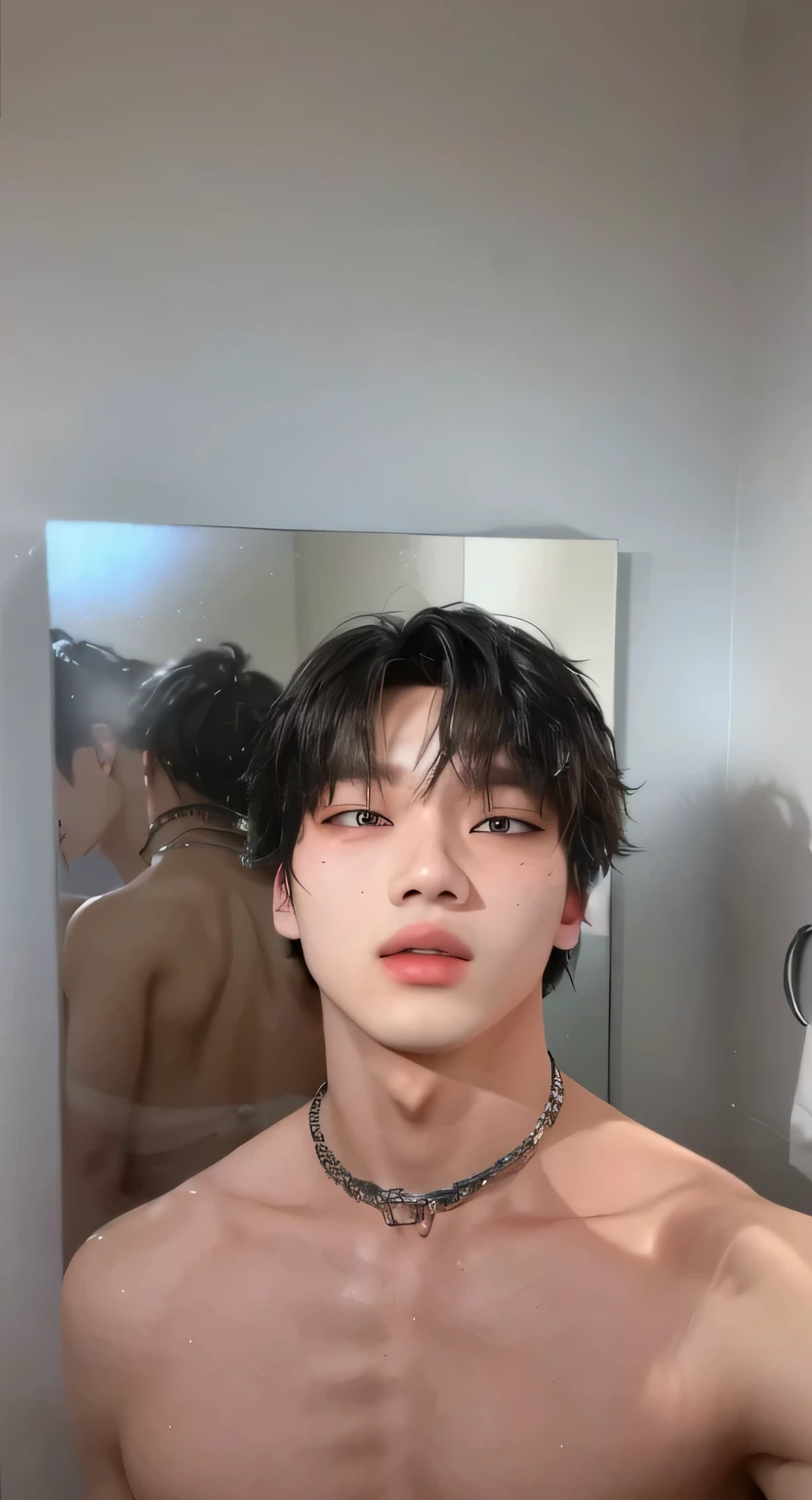 there is a man with a choke on his neck looking in the mirror, beautiful face, perfect face and boy, inspired by Stray kids hyunjin, hwang hyunjin, hyunjin 1 , headshot profile picture, 18 years old, jimin\'s plump lips, accurate jimin face, 8k selfie photograph, kpop boy, korean face, stray kids hyunjin, korean male face, hyunjin, hwang hyunjin