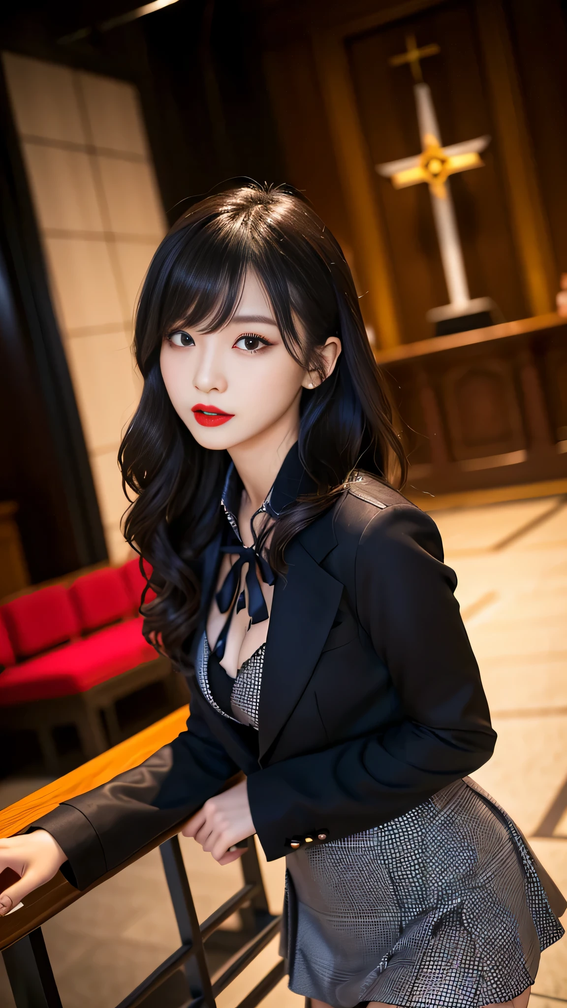 tra-detailed、Japanese、attractive beauty、seductive adult woman、pretty woman、piercing eyes、cool girl、wavy hair、swept bangs、suit、Jacket、blouse、ribbon、Tight Skirt、fishnet pantyhose、Glossy legs、Evil cadres、evil depravity、brainwash、mind control、lipstick、lip gloss、dark makeup、smirk、Evil expression、evil、hollow eyes,half-closed eyes、empty eyes、evil、night room、church at night、vampire、succubus、vampire、Swear allegiance、stand、