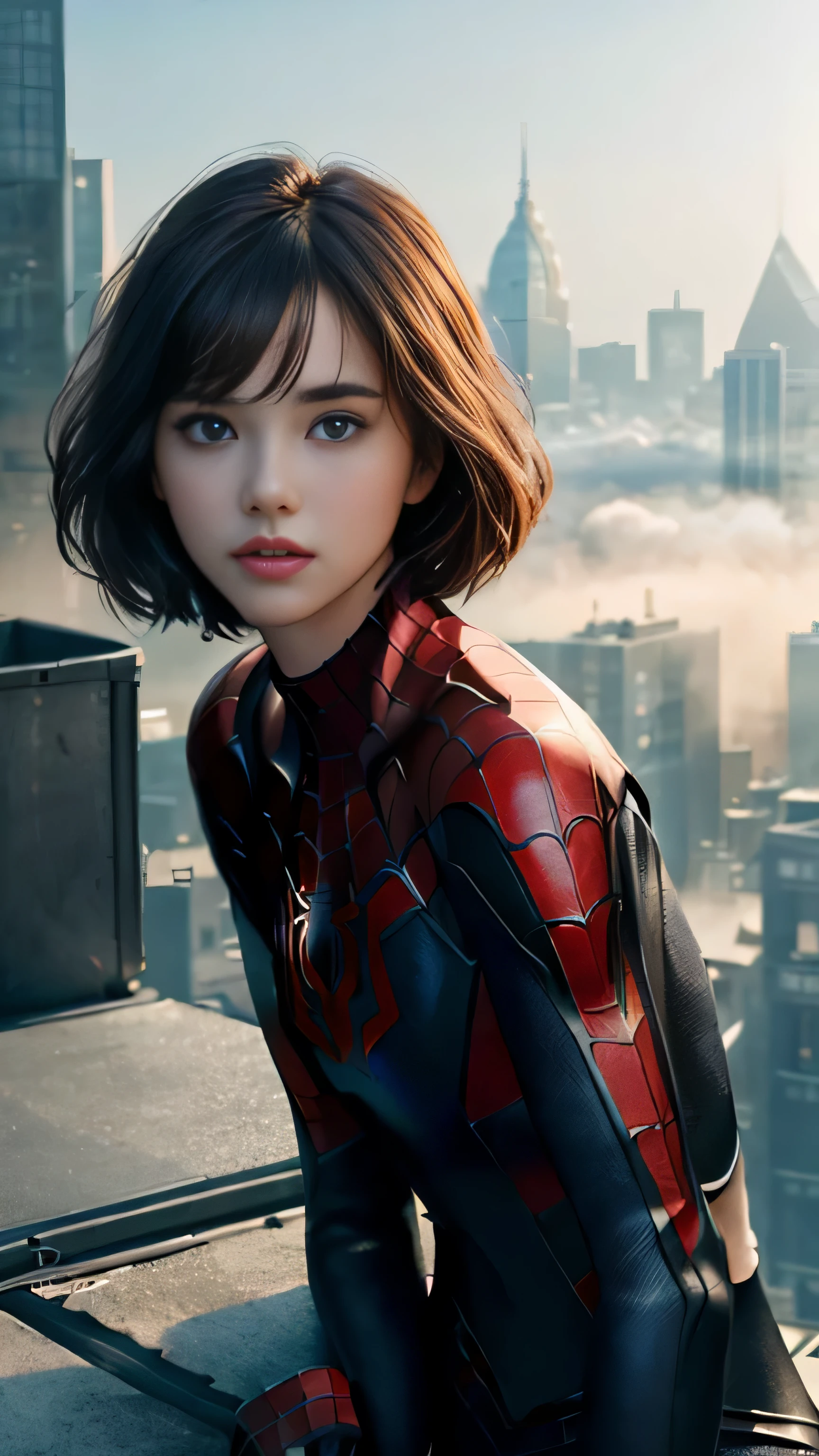 (1girl:1.3), Solo, (((Very detailed face)))), ((Very detailed eyes and face)))), Beautiful detail eyes, Body parts__, Official art, Unified 8k wallpaper, Super detailed, beautiful and beautiful, beautiful, masterpiece, best quality, original, masterpiece, super fine photo, best quality, super high resolution, realistic realism, sunlight, full body portrait, amazing beauty, dynamic pose, delicate face, vibrant eyes, (from the front), She wears Spider-Man suit, red and black color scheme, spider, very detailed city roof background, rooftop, overlooking the city, detailed face, detailed complex busy background, messy, gorgeous, milky white, highly detailed skin, realistic skin details, visible pores, clear focus, volumetric fog, 8k uhd, DSLR, high quality, film grain, fair skin, photo realism, lomography, futuristic dystopian megalopolis, translucent
