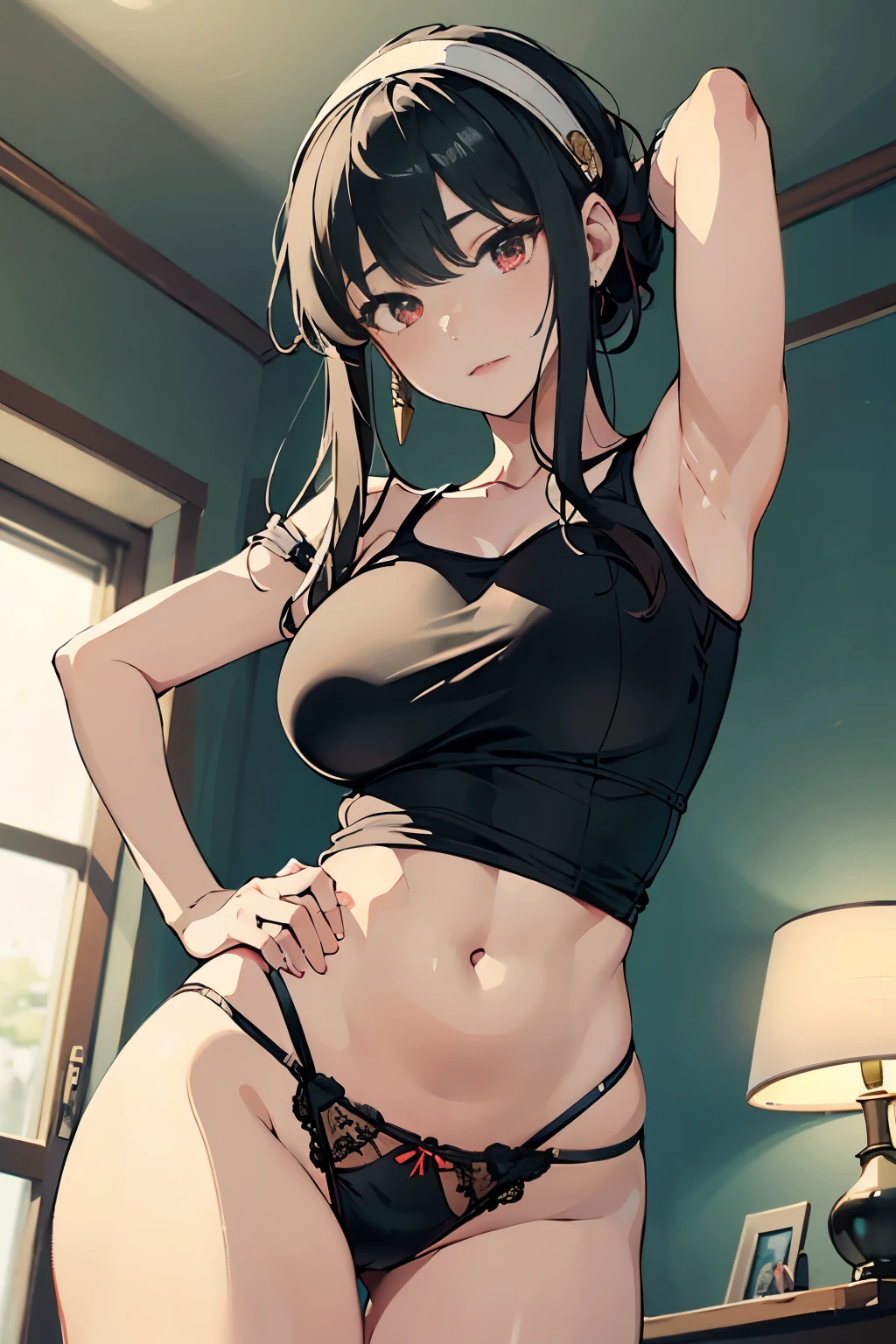 masterpiece、highest quality、High resolution、1 girl、her room、(alone)、beautiful long black hair、Bright red eyes、blush、shy、slender、((Side boobs))、take your eyes off、thin legs、thin thighuscular、white bed、(aayorf、white hair band、jet black hair)、(((mini camisole、Sexual black panties with detailed decoration、Beautiful round boobs)))、((sexual pose、Drawing Model Pose、standing in the room、armpit))、Photographing the subject from below、Panty shot、focus on panties、action pose、Aggressively exercising、Ready to Battle、Focus on the toes、belly button