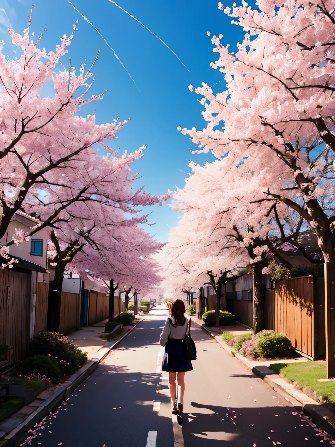 A girl was walking on a street lined with cherry blossom trees 