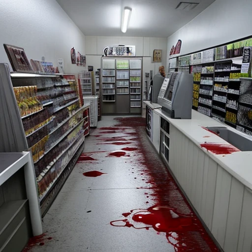 Feet of a girl walking down the aisle of a supermarket. Floor with blood, bodies of customers on the floor, messy shelves, flashing lighting, atmosphere of horror, horror, terrifying