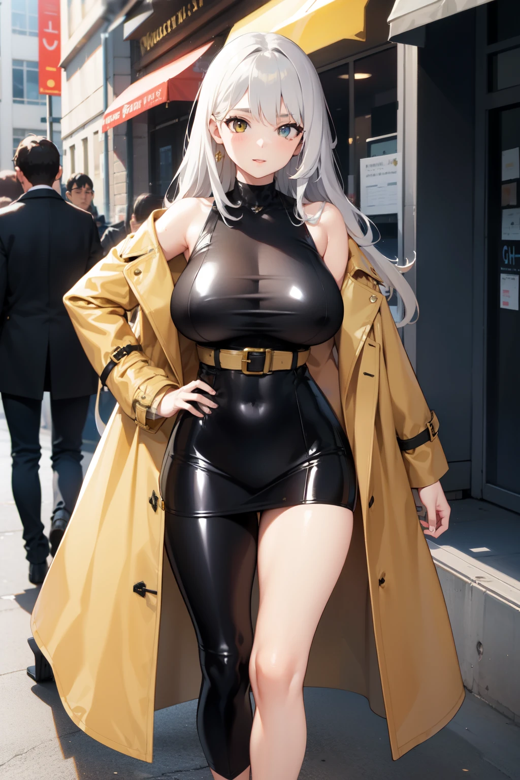 long white hair, girl, big breast, private investigator, black and gold trench coat ,detective, large thigh