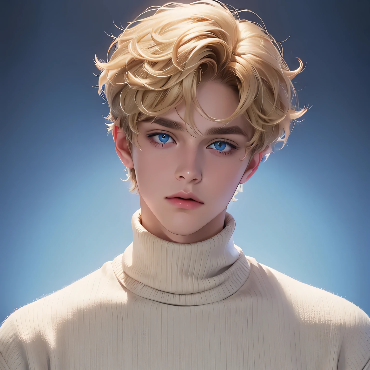 Blonde soft curly hair, pixie hair cut, 1boy, monolid eyes, blue eyes, handsome boy, turtleneck sweater, comfy outer, upper body, soft stares, wides lens, looking at viewer, photo studio