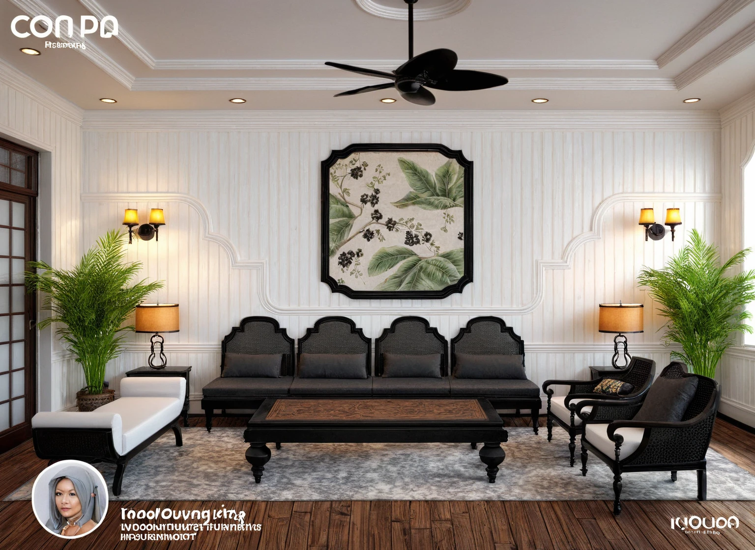 living room, sofa with chair and table indochine motif,, (indochine style:1.2), art paint wall, lamp, potted plant, wood floor, (white wall:1.2), (black wooden furnitures:1.5), interior design, (indochine furniture style), (An Cuong black Wooden Furniture indochine Style), (Black wooden frame decorated with Indochine motif), (An Cuong black wood with MDF surface glued with melamine coating), (mable floors), (architectural interior design visualization), (reflection), (focus on object), (material normal bump real reflection), (scattered light) ((((volumetric light))), (spotlight), (hidden light) (light ray), (multi-beam light), (sunbeam) (multi-level reflection), (grossy wooden floor), {warm led light|4000k|spotlight}, (day sky background), (corona software visualization render:1.2), (((Best Quality))), ((Masterpiece)), ((best illustration)), ((best shadows)), ((Super Detail)), (Intricate lines), (Photorealism),(hyper detail), ((archdaily)), ((award winning design)), (dynamic light), ((day)), (perfect light), (shimering light), ((photorealistic)),  ((intricate detail)), ((extreme detail)), ((science)), ((hyper-detail)), ((super detail)), ((super realistic)), ((crazy detail)), ((octane render)), ((Cinematic)), ((trending on artstation)), ((High-fidelity)), ((Viwvid)), ((Crisp)), ((Bright)), ((Stunning)), ((Eye-catching)), ((High-quality)),((Sharp))((Bright)), ((Stunning)), Natural, ((Eye-catching)), ((Illuminating)), ((Flawless)), ((High-quality)),((Sharp edge render)), ((medium soft lighting)), ((photographic render)), ((detailed archviz))
