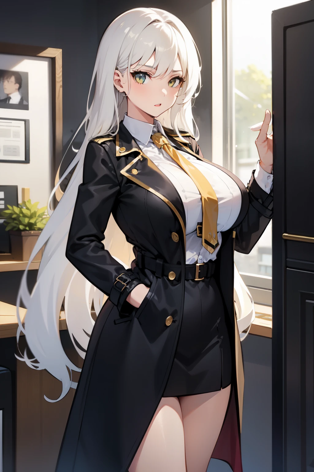 long white hair, girl, big breast, private investigator, black and gold trench coat ,detective,tie, large thigh