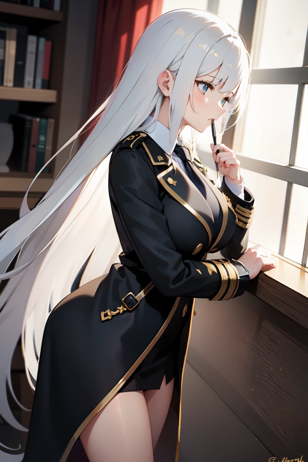 bedroom, long white hair, girl, big breast, private investigator, black and gold trench coat ,detective, small tie, big thigh, kissing