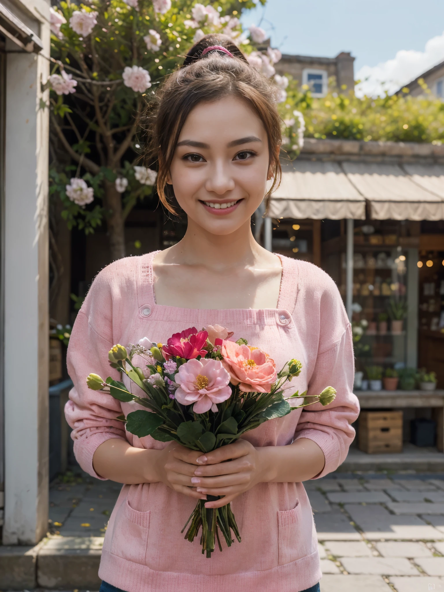 ((masterpiece,best quality 1.4)), (8k,RAW photo:1.2), (realistic,photo realistic:1.4), ultra high resolution , (Highly detailed 8k wallpaper) ,japanese idol, Japanese actress, Japanese, very cute, Big eyes, highly detailed eyes and face, Beautiful eyes in every detail,shiny skin,portrait,(ponytail :1.2),(smile:1.3) ,(Holding a bouquet of flowers:1.2),lighting, sharp focus, Depth of written boundary , (dynamic angle:1.4 ). blur background, Bokeh, (pink Sweater and apron) ,A small flower shop bathed in spring sunlight, with colorful flowers lined up. In front of the shop, there are vivid bouquets and hanging succulents on display. The background extends to a cobblestone road and an old-fashioned townscape, hibiscus