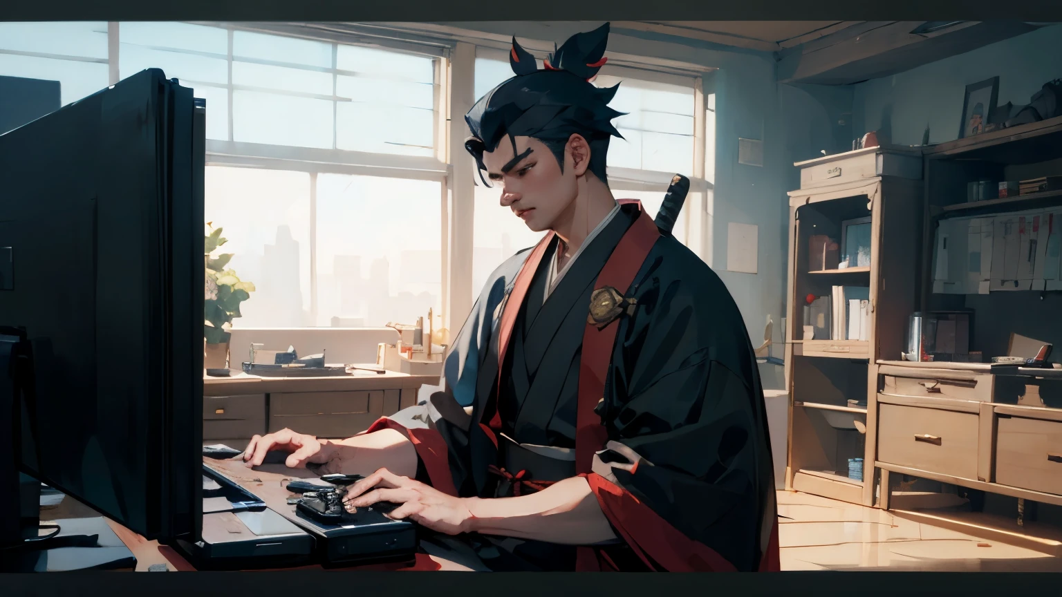 photograph of a 22 year old samurai man, con tetas, sentado, frente al computador, jugando videojuegos,sentado, fondo de pantalla