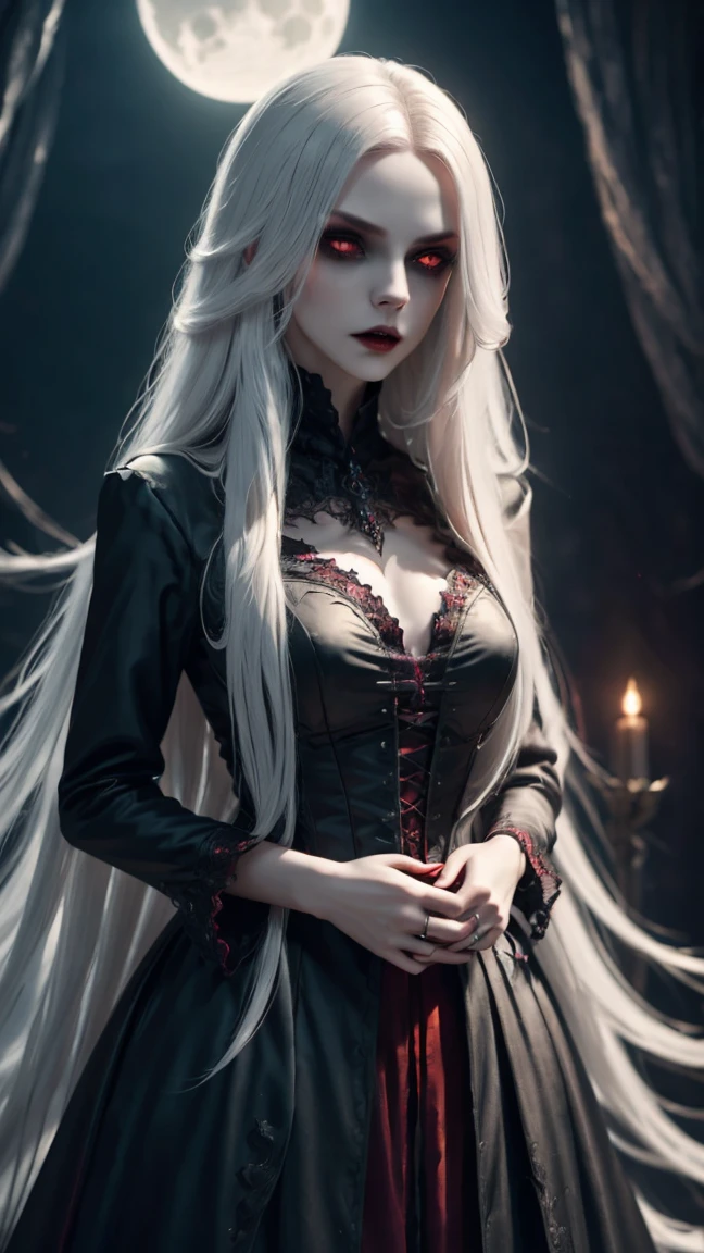 (best quality,4k,8k,highres,masterpiece:1.2),ultra-detailed,(realistic,photorealistic,photo-realistic:1.37),gothic style,gloomy atmosphere,dark shadows,eerie,haunting beauty,vampire girl,red eyes,pale complexion,long hair,long flowing dress,night scene,mysterious moonlight,hints of blood red,gloomy and mysterious,color palette: deep blacks and rich purples,dramatic lighting,ethereal and supernatural presence