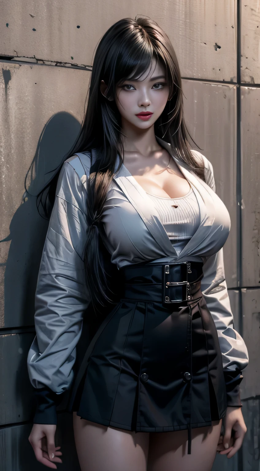 sfw, a japoneses in highschool uniform. 18 yr. oid, Black wet Hair. Survivor Horror (Fatal Frame). Shes a big . Imagem Escura. Olhos com maquiagem em tom cereja., wearing bra,((skinny waist)), young asian girl, ((big breasted)),