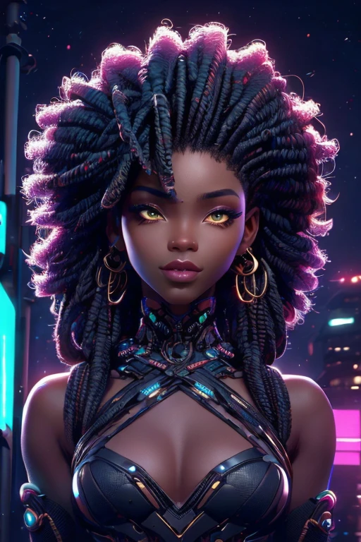 ((NSFW, 1girl africana, seios pequenos, seios bonitos, seios para baixo)), sharp focus:1.2, Stormi Maia, retrato, mulher atraente, (rosto bonito:1.1), olhos detalhados, delicious lips, delineador:1.2, cabelo luxuoso afro:1.3, perfeito seios redondos:1.0, Cyberpunk, A sidewalk in a cyber city: 1.2. night ligthning: 1,2), profundidade de campo, 4k, HDR, nu, seios pequenos, seios bonitos, seios para baixo