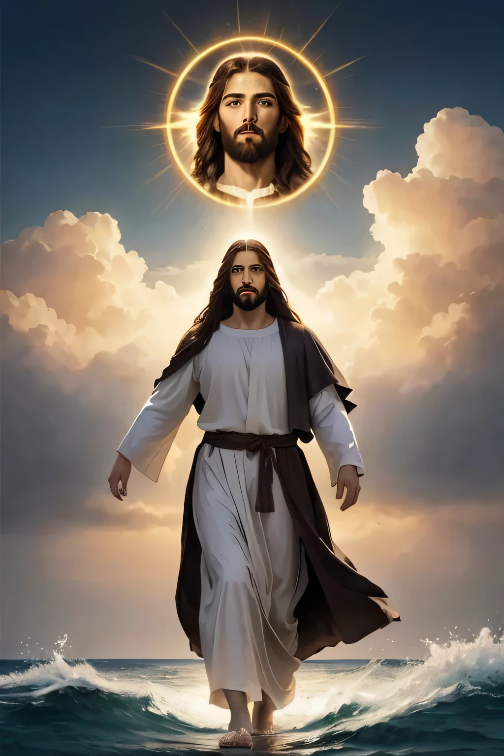 jesus walking on water with halo above head, jesus christ, dressed like jesus christ, young almighty god, jesus christ going super saiyan, the lord and savior, jesus of nazareth, portrait of jesus christ, jesus, god looking at me, gigachad jesus, jesus face, second coming, concept art of god, holy imagery, king of kings