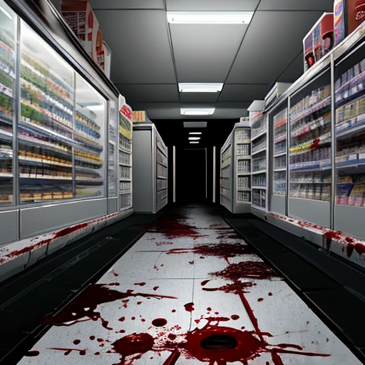 horror, dark color palette, unlit, inside dark convenience store, midnight, nighttime, dark, narrow aisles, abandoned, bloody footprints, blood on floor, footprints, lights off