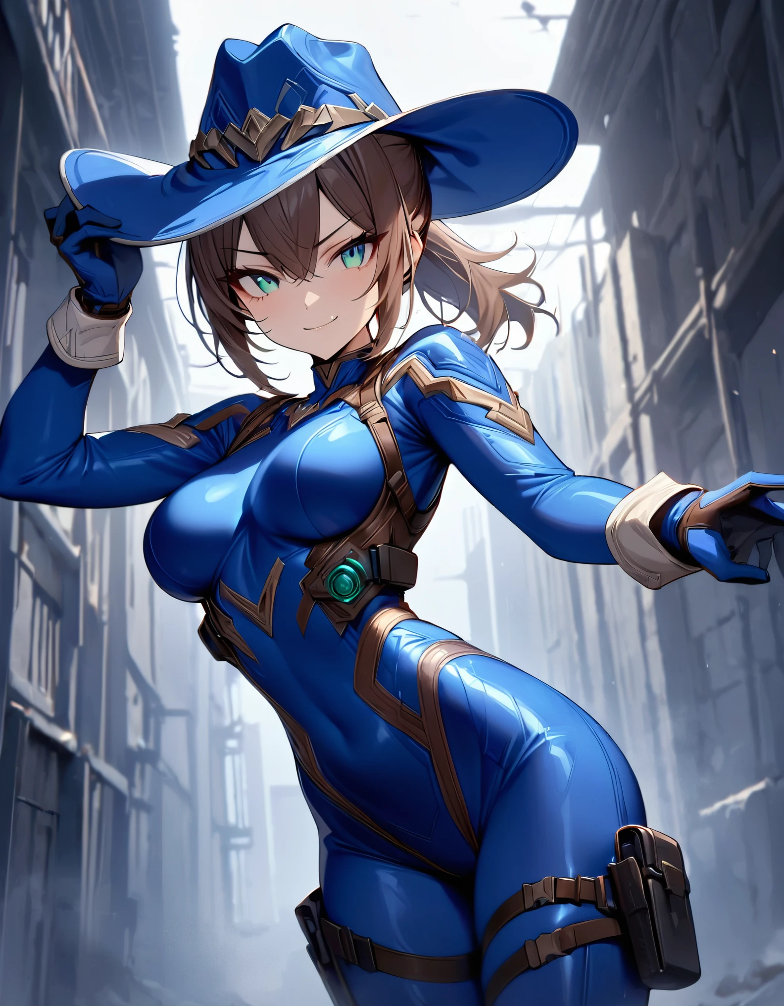 masterpiece, best quality, 1lady, solo, solo focus, (tall body), hispanic, brown hair, short hair, ponytail, blue-green eyes, medium breasts, beautiful detailed eyes, beautiful detailed face, smirk, ((blue cowboy hat)), ((bodysuit, solid blue bodysuit, leotard, dark blue leotard, blue full leggings, long sleeves, gloves, dark blue gloves, matching gloves, boots, combat boots, dark blue boots, matching boots, drop-down pistol holster, knee pads)), (holding weapon, assault rifle), full body, cowboy shot, empty warehouse, danger atmosphere.