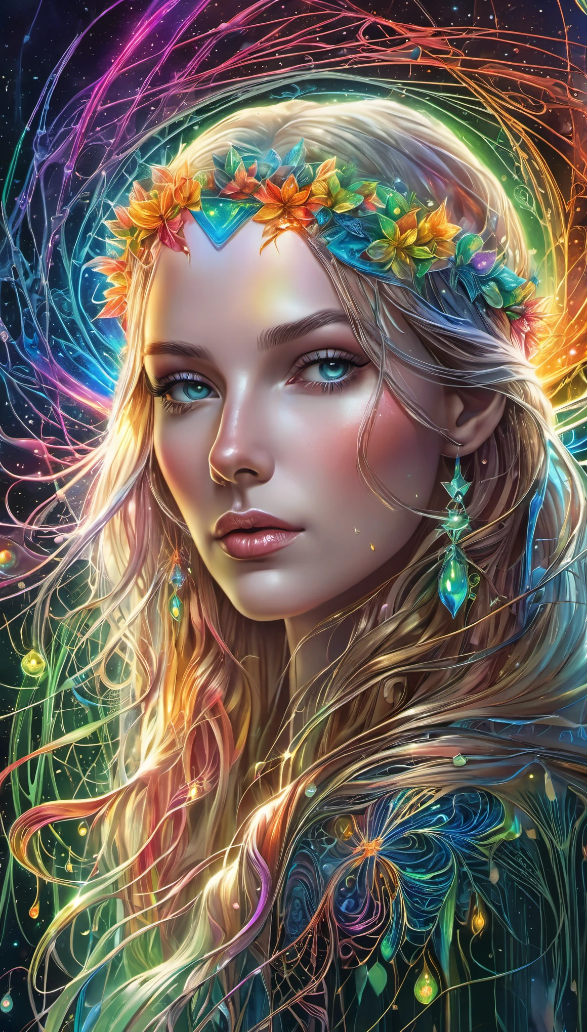 Meisterwerk, Best quality, ultra high resolution, extremely detailed, (psychedelische Kunst:1.4), Frau, veil, Optisch atemberaubend, Nice, award-winning illustration, kosmischer Weltraumhintergrund, ethereal atmosphere, Ultra quality, Nice girl, Kosmisches Konzept, Rainbow Strings, Regenbogenhaut, Regenbogenfarbene blutige Adern, die aus der Dunkelheit wachsen und sich verflechten, genagelter Draht, Aus ihm sickerte dickes blaues Blut, scharfes Neon, Adern wachsen und pumpen Blut, Vascular networks grow, Green veins everywhere, Yin und Yang, leuchtender Raum, leuchtende Sterne, Unendlichkeitssymbol
