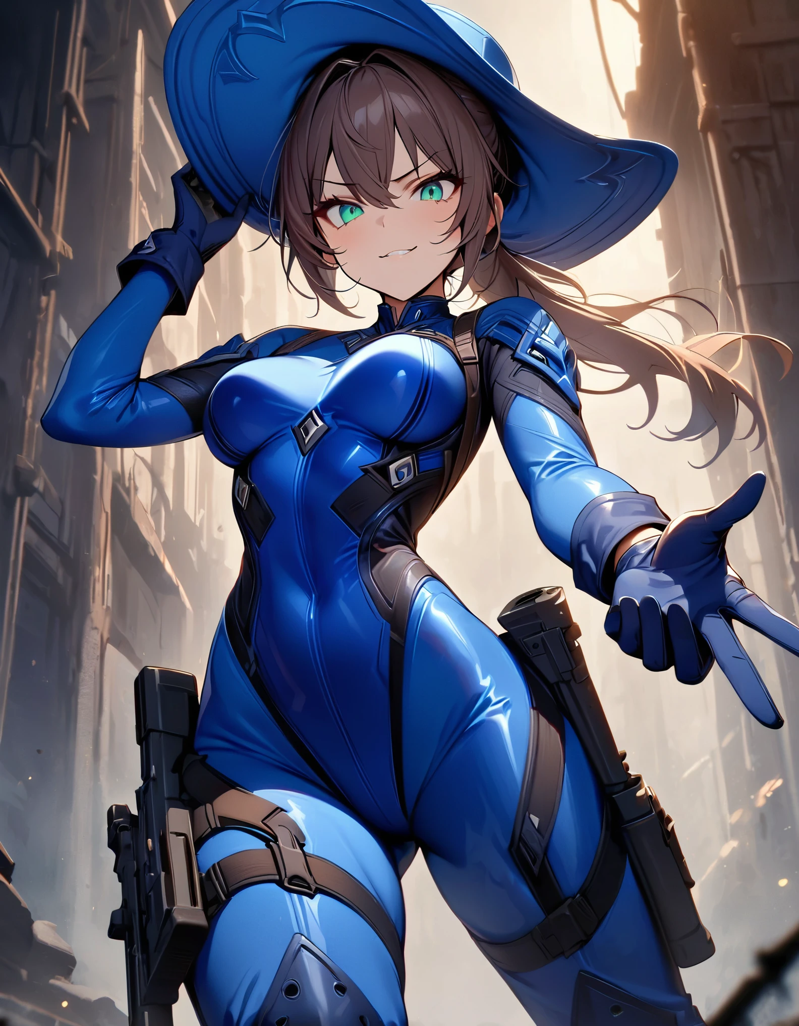 masterpiece, best quality, 1lady, solo, solo focus, (tall body), hispanic, brown hair, short hair, ponytail, blue-green eyes, medium breasts, beautiful detailed eyes, beautiful detailed face, smirk, ((blue cowboy hat)), ((bodysuit, solid blue bodysuit, leotard, dark blue leotard, blue full leggings, long sleeves, gloves, dark blue gloves, matching gloves, boots, combat boots, dark blue boots, matching boots, drop-down pistol holster, knee pads)), (holding weapon, assault rifle), full body, cowboy shot, empty warehouse, danger atmosphere.