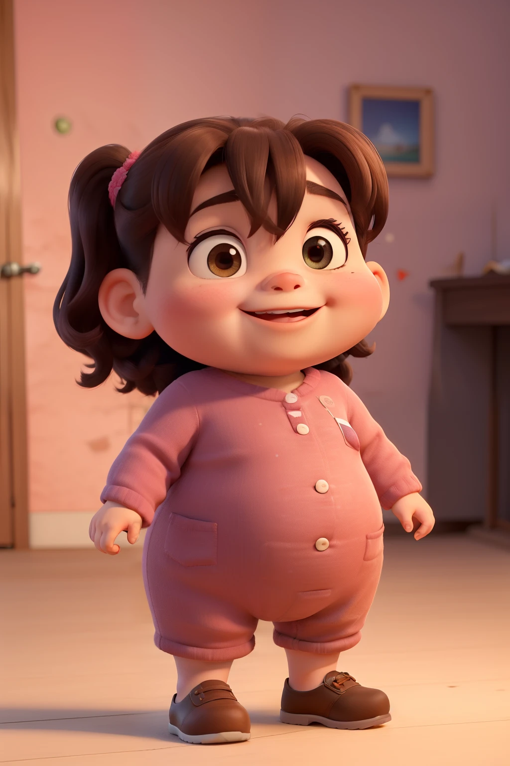 ((Melhor qualidade)), ((obra de arte)), (detalhado), rosto perfeito, , Gordinha, overweight , fofinha, sorrindo muito feliz , making a thumbs up with your hand up, pilando de alegria, usando um vestido rosa bebe, com o cabelo rosa bebe, com um pentiado amarrado com duas chiquinhas, com buxecha gorda