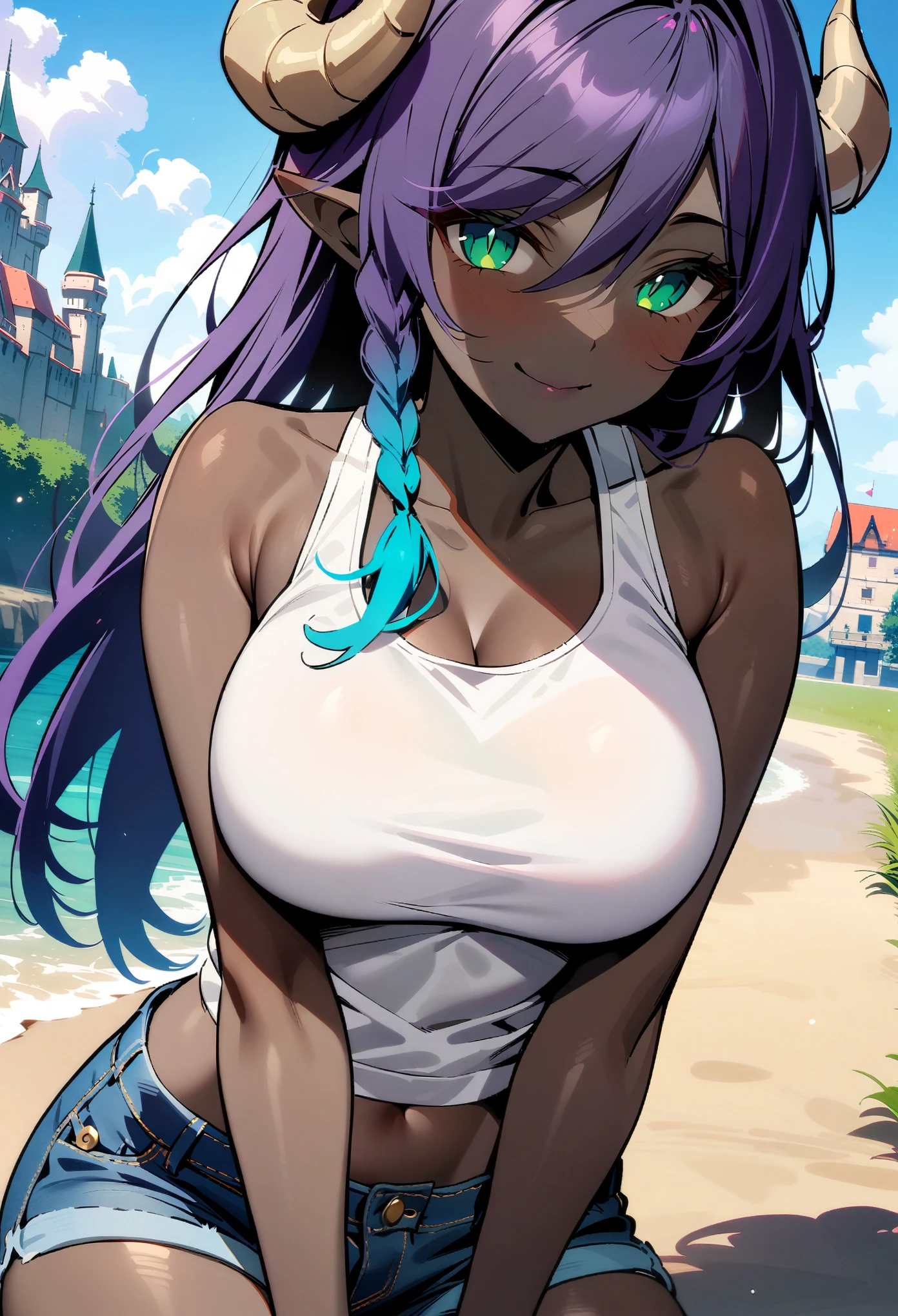 masterpiece, best quality, extremely detailed, 1girl, (milf:1.2), solo, (dark skin, black skin:2.1), venti_\(genshin_impact\), (huge breasts:1.3), ((((purple hair), long hair, green eyes, slit pupils, pointy ears, demon horns))), parted lips, (((tanktop, denim shorts))), ((naughty smile), closed mouth), ((hand on own face, outdoor, castle))