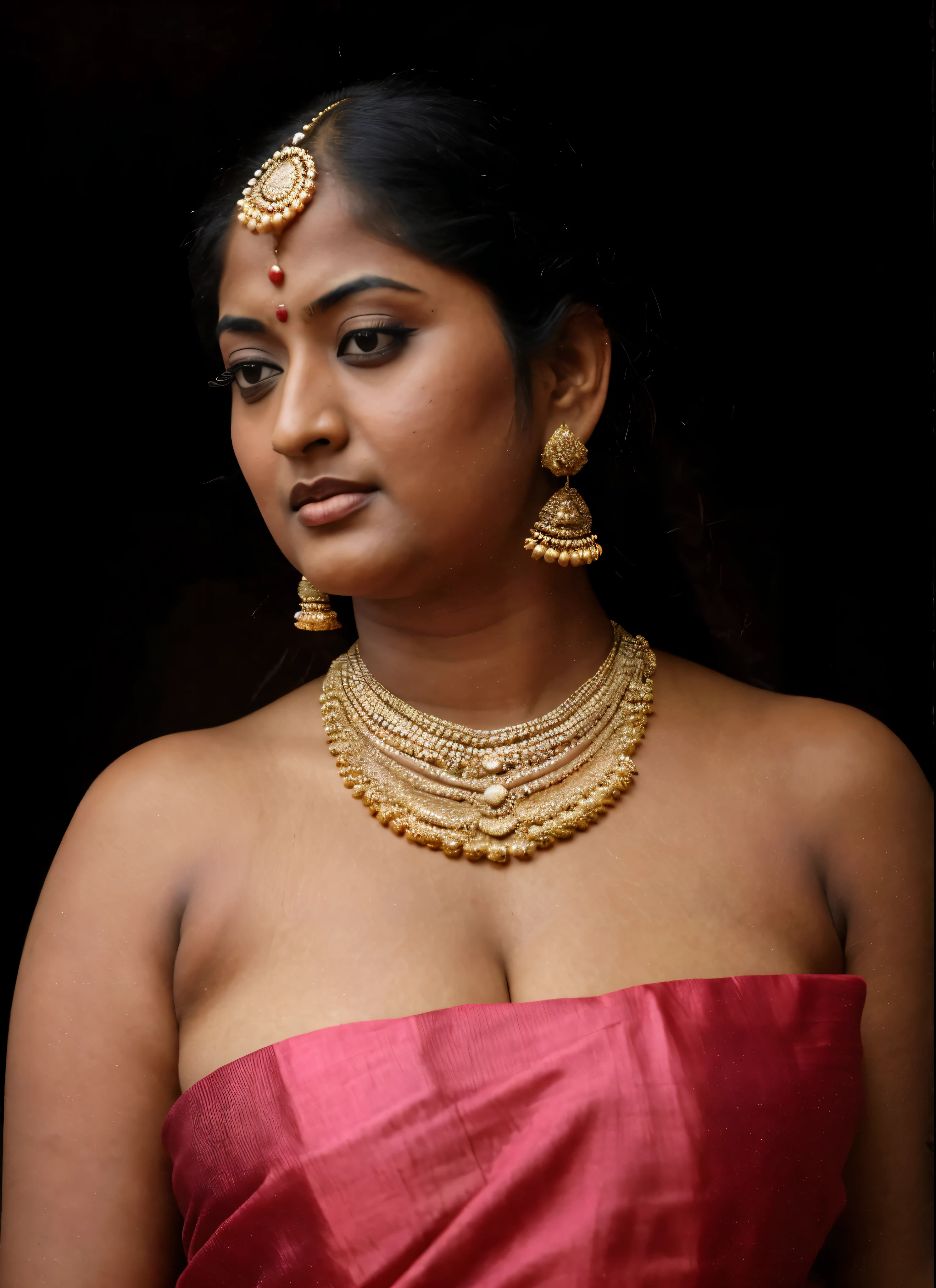 arafed woman in a pink sari, looks like Sandeepa Dhar, thick figure, curvy, traditional beauty, hindu aesthetic, assamese aesthetic, traditional makeup, indian goddess, indian girl with brown skin, wearing bihu dress mekhela sador, indian style, indian, gorgeous woman, south east asian with round face, a stunning portrait of a goddess, beautiful himalayan woman