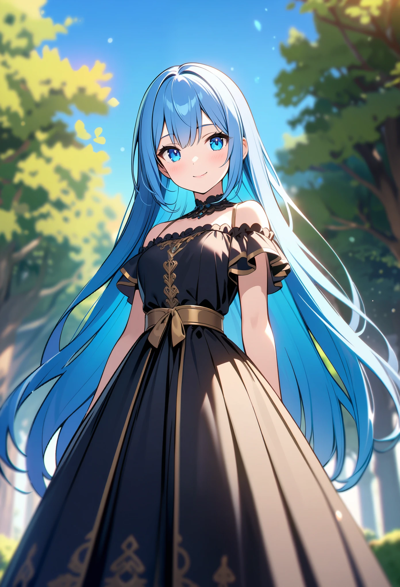 顶级animation质量，animation，HD，1080P，solo，(low angle)，a woman，close mouth，light smile，extremely detailed blue hair，very long hair，beautiful detailed blue eyes，(cygames)，only wears loose off-the-shoulder dress，(Gold and black silk)，In front of the castle，(depth of field)，[blue sky]，many trees，background blur