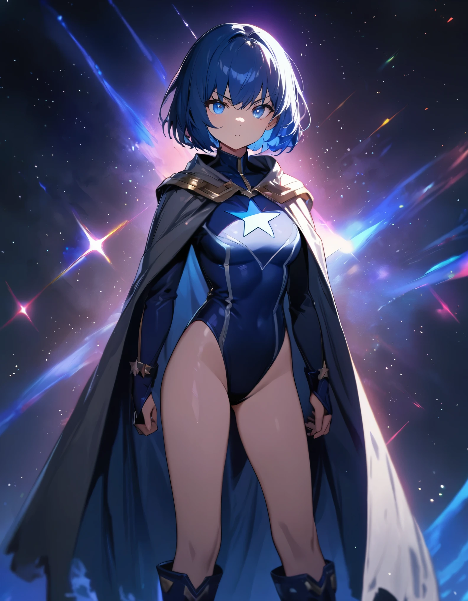 masterpiece, best quality, 1girl, superhero, leotard, dark blue leotard, long sleeves, shoulder-length cape, bare legs, boots, dark blue boots, matching boots, medium breasts, diffraction spikes, light particles, aura, blue aura, standing, standing straight, space backdrop, blue hair, bob hair, blue eyes, beautiful detailed eyes, beautiful detailed face, cute face, heroic, ((star symbol on the chest)), serious, full body with costume, full body, cowboy shot