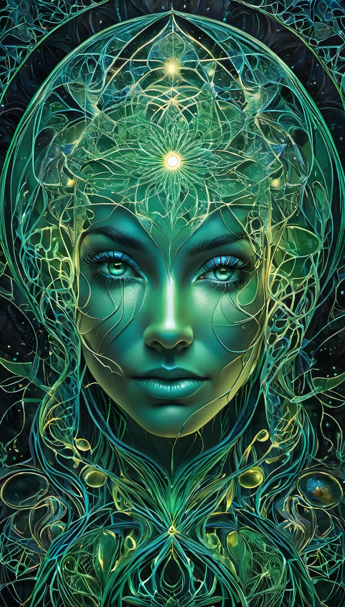 Meisterwerk, Best quality, ultra high resolution, extremely detailed, (psychedelische Kunst:1.4), Frau, veil, Optisch atemberaubend, Nice, award-winning illustration, kosmischer Weltraumhintergrund, ethereal atmosphere, Ultra quality, Nice girl, Kosmisches Konzept, 3D hologram cords, durchsichtige haut, perlmuttblutige Adern, die aus der Dunkelheit wachsen und sich verflechten, genagelter Draht, Aus ihm sickerte dickes blaues Blut, scharfes Neon, Adern wachsen und pumpen Blut, Vascular networks grow, Green veins everywhere, Yin und Yang, leuchtender Raum, leuchtende Sterne, Unendlichkeitssymbol