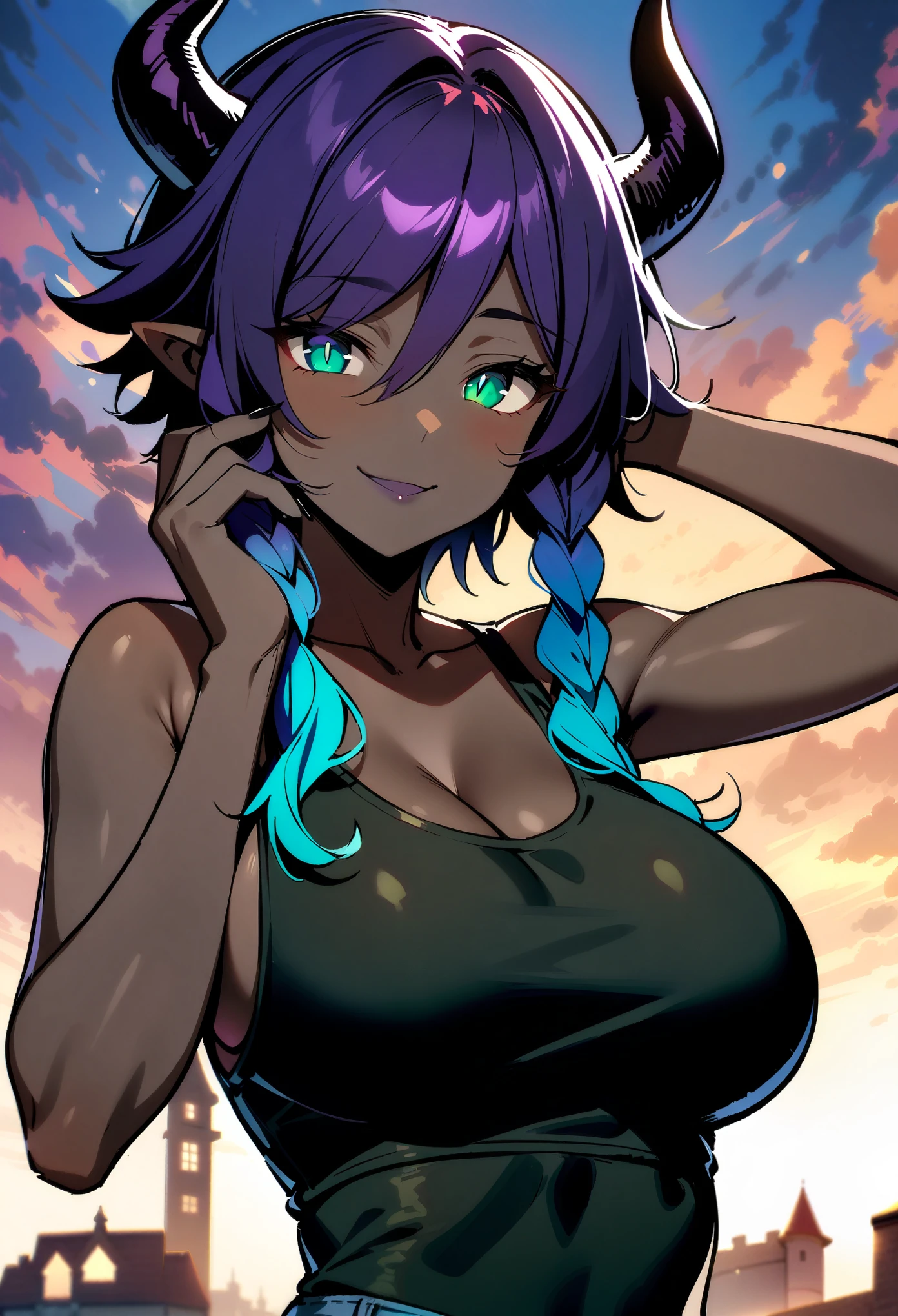 masterpiece, best quality, extremely detailed, 1girl, (milf:1.2), solo, (dark skin, black skin:2.1), venti_\(genshin_impact\), (huge breasts:1.3), ((((purple hair), long hair, green eyes, slit pupils, pointy ears, demon horns))), parted lips, (((tanktop, denim shorts))), ((naughty smile), closed mouth), ((hand on own face, outdoor, castle))