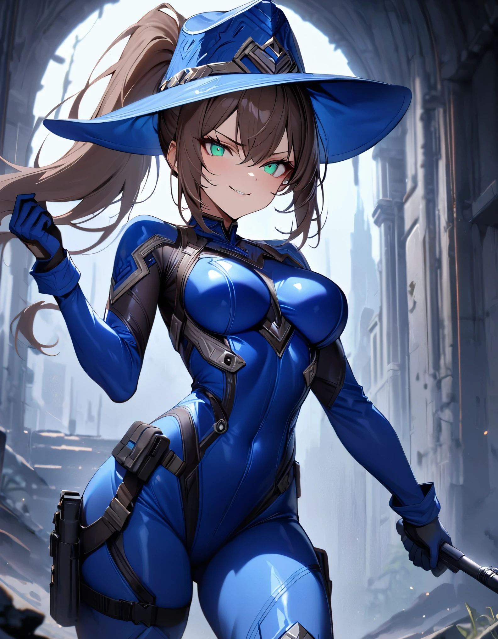 masterpiece, best quality, 1lady, solo, solo focus, (tall body), hispanic, brown hair, short hair, ponytail, blue-green eyes, medium breasts, beautiful detailed eyes, beautiful detailed face, smirk, ((blue cowboy hat)), ((bodysuit, solid blue bodysuit, leotard, dark blue leotard, blue full leggings, long sleeves, gloves, dark blue gloves, matching gloves, boots, combat boots, dark blue boots, matching boots, drop-down pistol holster, knee pads)), (holding weapon, assault rifle), full body, cowboy shot, empty warehouse, danger atmosphere.