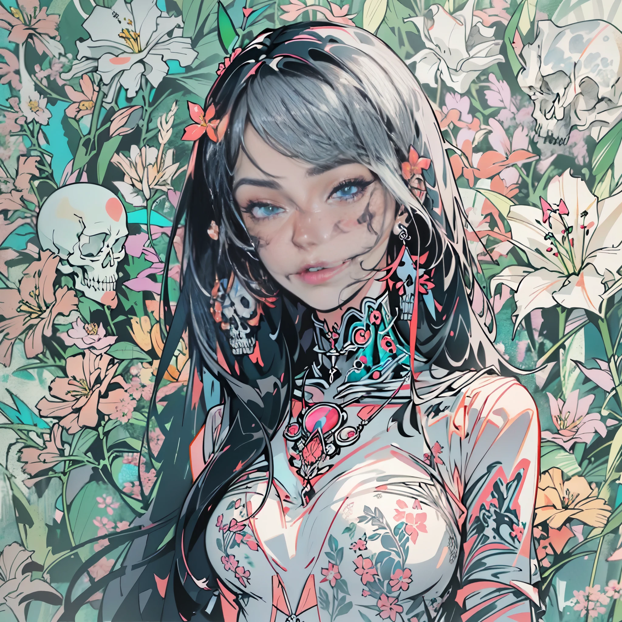 ((One, 1 girl, tattoos, glowing tattoos, brilliant, white-fluffy 16+), (skull, Flowers), (black transparent dress-clothing)), (sexual, erotic)) _((Delicate scarlet lips), (straight black hair - long, basic moments, blue, cascade), (multi-colored brilliant hair), (cool shine, Wet straight hair))_((stylization; clear line, clear outline, high quality line drawing, shading))_((simple color palettes), (color fill, Color saturation, saturation, harmony, balance), (rich pastel colors, Pure colors), (cyberpunk))_((sexual, erotic), (simple, Minimum accessories), (Necklaces and thin rings made of silver or gold.), (simple bracelets, unusual designs, simple silhouettes), (erotic style))_((background),(abstract minimalism), (stunning cybernetic Flowers), ( lilies, extremely unusual, long stems - large stems, skull, Flowers)).
