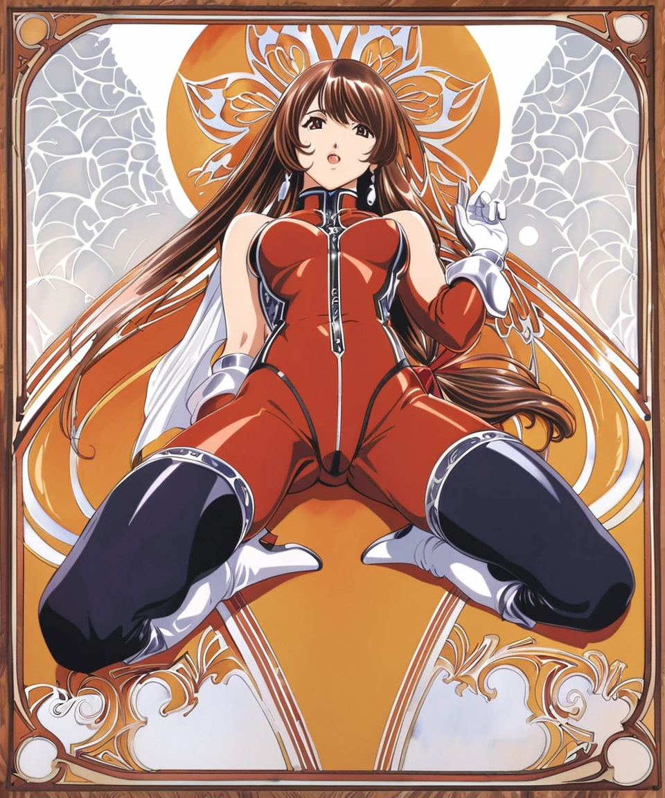 masterpiece, highest quality, divine qualities, godlike art, art nouveau watercolor, highly detailed face, very realistic, cute, Erica Fontaine, 1 girl, alone, long hair, low-tied long hair, boots, thigh boots, black stockings, gloves, brown hair, feather, brown eyes, red bodysuit, earrings, white shoes, jewelry, open your mouth, high heels, Open your legs to the sides, Fingers touching the crotch, cumming face, looking at the viewer, sitting, white gloves, white stockings, traditional media, Nice views , flower-like_background, Intricate designs and patterns in the style of Alphonse Mucha.from below