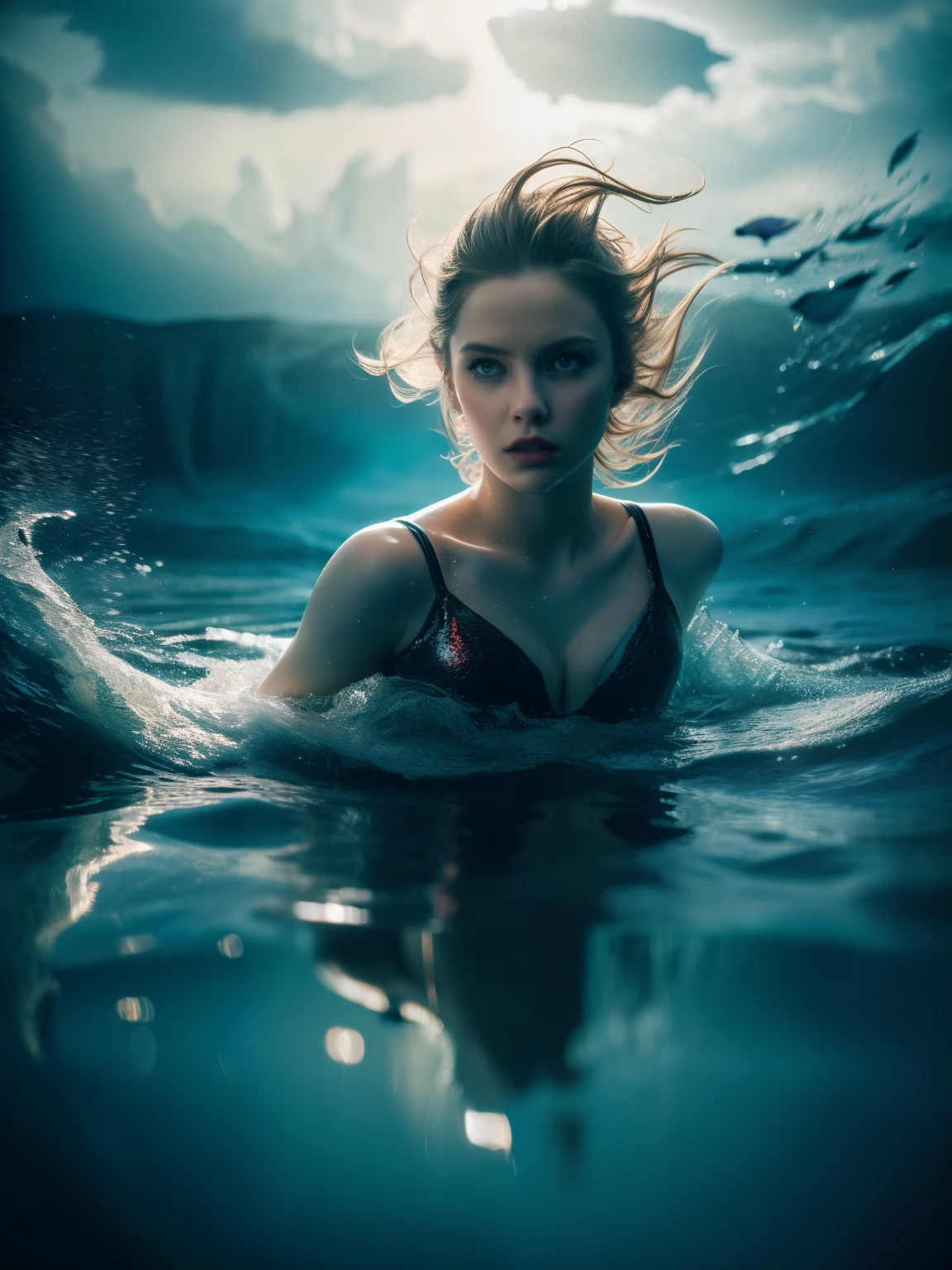 best quality,4k,8k,highres,masterpiece:1.2,ultra-detailed,photorealistic,advertising poster,mermaid,storm,monochromatic,harrowing,contrasting colors,dynamic lighting,water reflections,striking composition,dramatic atmosphere,mysterious concept