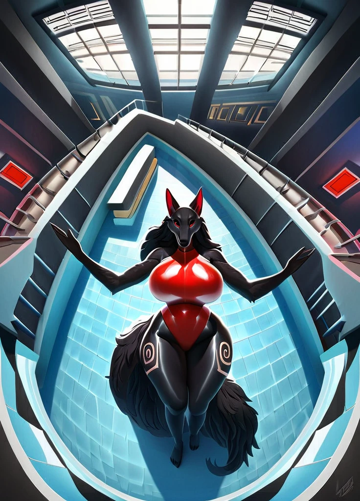 highly detailed, high quality, masterpiece, beautiful, (full shot, on front view, dive angle, fisheye view), tall, voluptuous, athletic female, wolf, black fur, totally dark fur, white tribal markings on thighs, red inner ear, red one piece swimsuit latex, large breasts, feet, 5 toes, sharp toenails, toe claws, red claws, plantigrade, wide hips, curvy figure, curvaceous, wedgie, bearing hips, smooth fur, long fur face, thick thighs, thicc, long wolf tail, fluffy tail, wet fur, wide and long snut, red inner ear, long wolf's mane, red eyes, black clera, black leaves, feet on pool stairs, hands on the pool stairs, up the pool stairs, swiming pool, looking at the viewer, Mocking Look, happy face, in a space ship