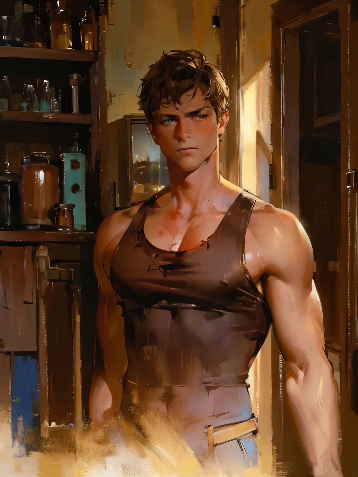 (masterpiece, best quality, high quality, absurdres, highres:1.2), ((modern)), upper body, male, adult man, broad jaw, 30yo, tan skin, muscular, short brown hair, blue eyes, brown shirt, portrait, worried gaze, ((mechanic shop interior background)), dark clothes, dramatic lighting, dim lighting, ((bloody bite mark on shoulder)), dark colors, night,